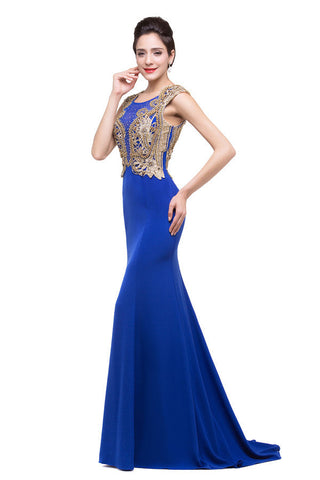 Vestidos formales azules de corte sirena con cuello redondo y apliques