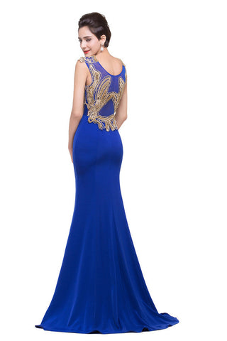 Vestidos formales azules de corte sirena con cuello redondo y apliques