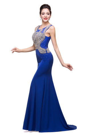Vestidos formales azules de corte sirena con cuello redondo y apliques