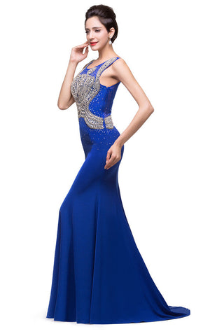 Vestidos formales azules de corte sirena con cuello redondo y apliques