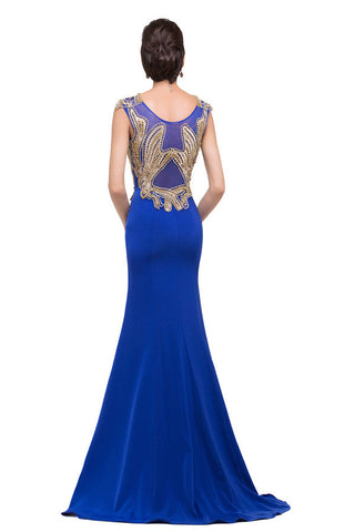 Vestidos formales azules de corte sirena con cuello redondo y apliques