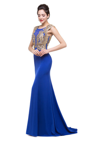 Vestidos formales azules de corte sirena con cuello redondo y apliques