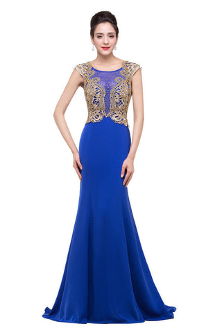 Vestidos formales azules de corte sirena con cuello redondo y apliques
