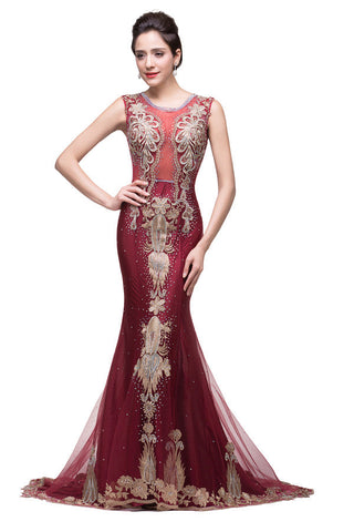 Vestidos formales de tul burdeos con apliques y corte sirena