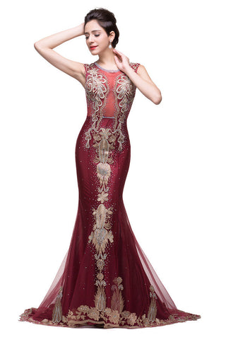 Vestidos formales de tul burdeos con apliques y corte sirena