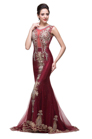 Vestidos formales de tul burdeos con apliques y corte sirena