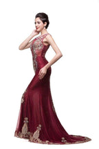 Mermaid Crew Sweep-length Tulle Burgundy Formal Dresses With Applique by misshow.com