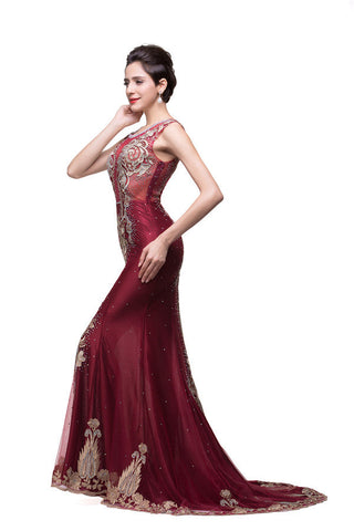 Vestidos formales de tul burdeos con apliques y corte sirena