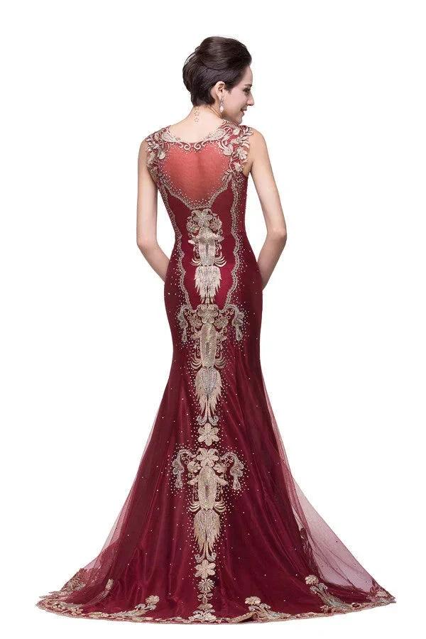 Mermaid Crew Sweep-length Tulle Burgundy Formal Dresses With Applique by misshow.com