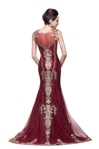 Vestidos formales de tul burdeos con apliques y corte sirena