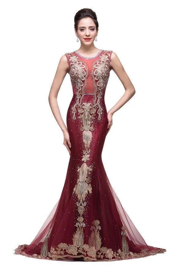 Mermaid Crew Sweep-length Tulle Burgundy Formal Dresses With Applique by misshow.com