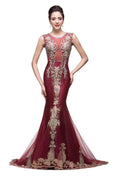 Mermaid Crew Sweep-length Tulle Burgundy Formal Dresses With Applique by misshow.com