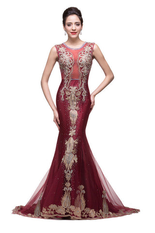 Vestidos formales de tul burdeos con apliques y corte sirena