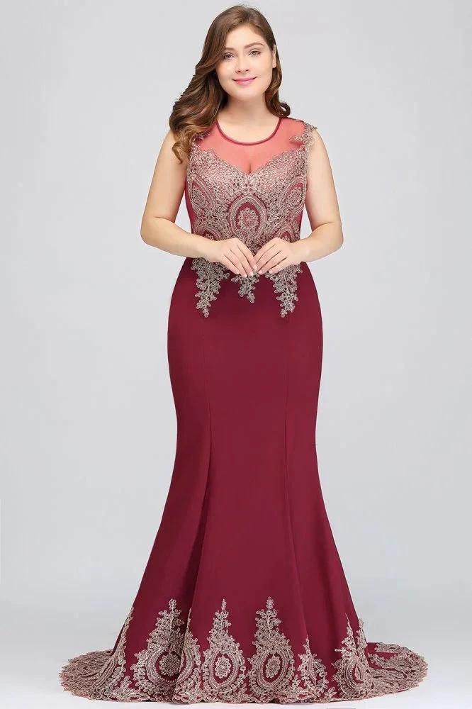 Mermaid Crew Sweep Train Sleeveless Appliques Burgundy Evening Dresses by misshow.com