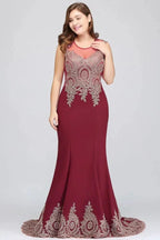 Mermaid Crew Sweep Train Sleeveless Appliques Burgundy Evening Dresses by misshow.com