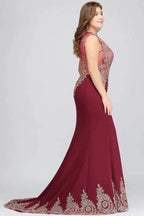 Mermaid Crew Sweep Train Sleeveless Appliques Burgundy Evening Dresses by misshow.com