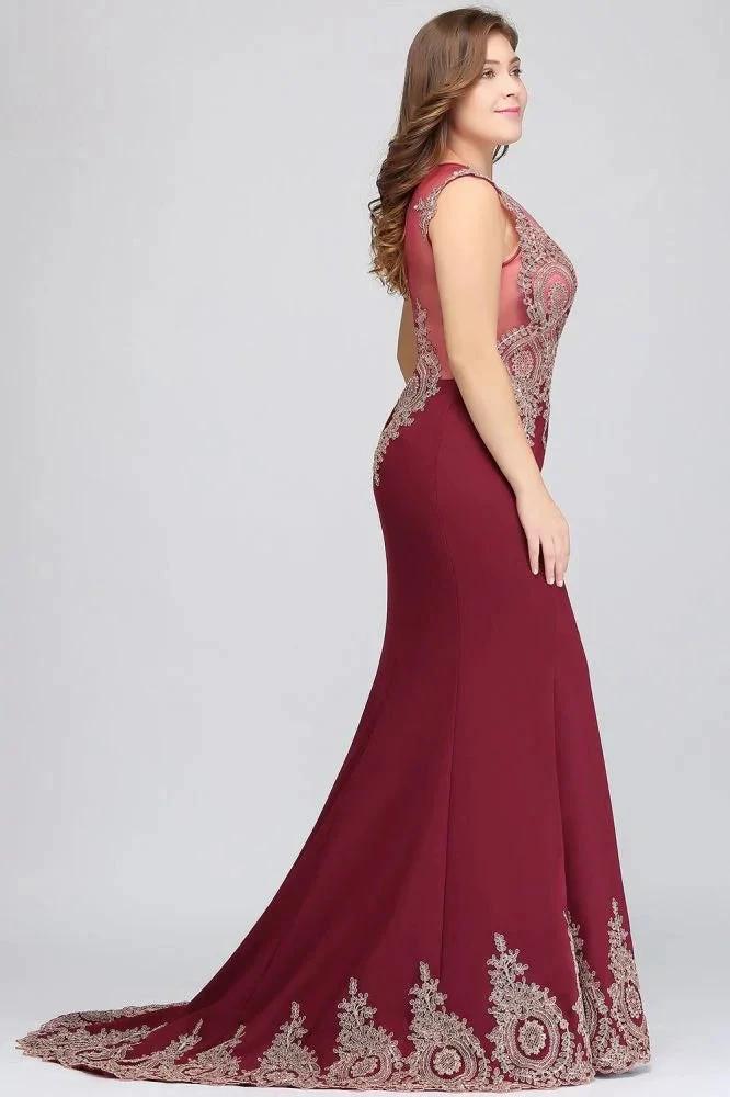 Mermaid Crew Sweep Train Sleeveless Appliques Burgundy Evening Dresses by misshow.com