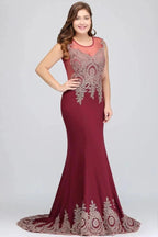 Mermaid Crew Sweep Train Sleeveless Appliques Burgundy Evening Dresses by misshow.com