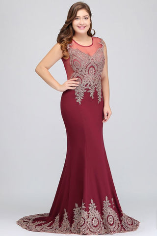 Mermaid Crew Sweep Train Sleeveless Appliques Burgundy Evening Dresses