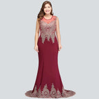 Mermaid Crew Sweep Train Sleeveless Appliques Burgundy Evening Dresses by misshow.com