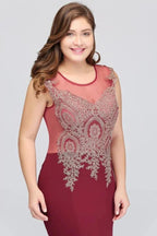 Mermaid Crew Sweep Train Sleeveless Appliques Burgundy Evening Dresses by misshow.com