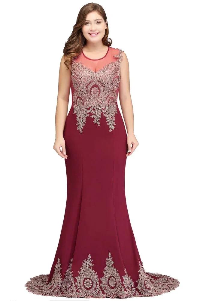 Mermaid Crew Sweep Train Sleeveless Appliques Burgundy Evening Dresses by misshow.com