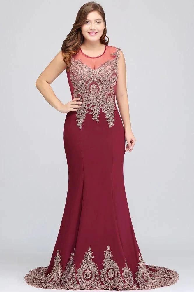 Mermaid Crew Sweep Train Sleeveless Appliques Burgundy Evening Dresses by misshow.com