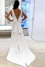Mermaid Deep V-Neck Sweep Trian White Satin Backless Wedding Dress WD219 by pgmdress