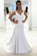 Mermaid Deep V-Neck Sweep Trian White Satin Backless Wedding Dress WD219 by pgmdress