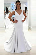 Mermaid Deep V-Neck Sweep Trian White Satin Backless Wedding Dress WD219 by pgmdress