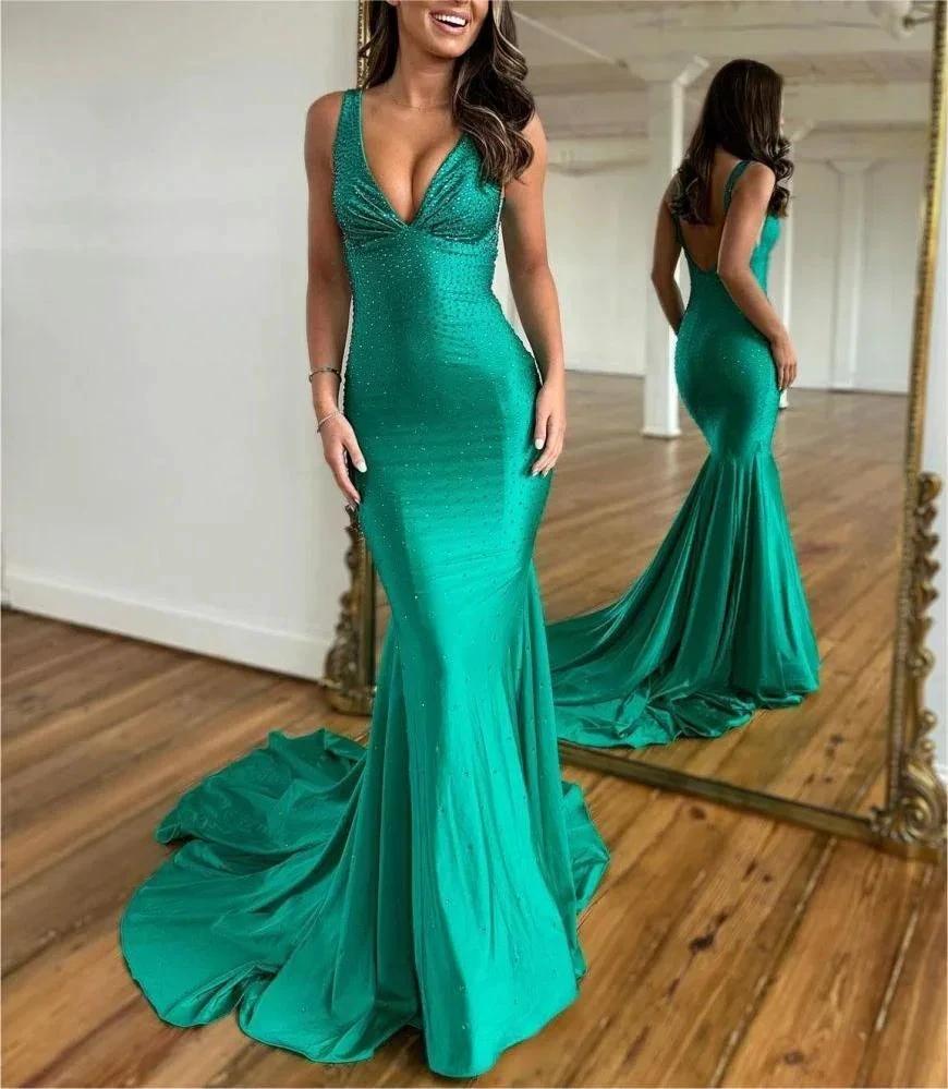 Molly |Mermaid Deep V-Neck Beaded Satin Long Prom Dress by KissProm
