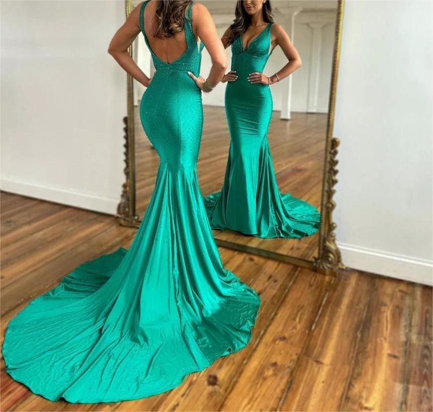 Molly |Mermaid Deep V-Neck Beaded Satin Long Prom Dress by KissProm