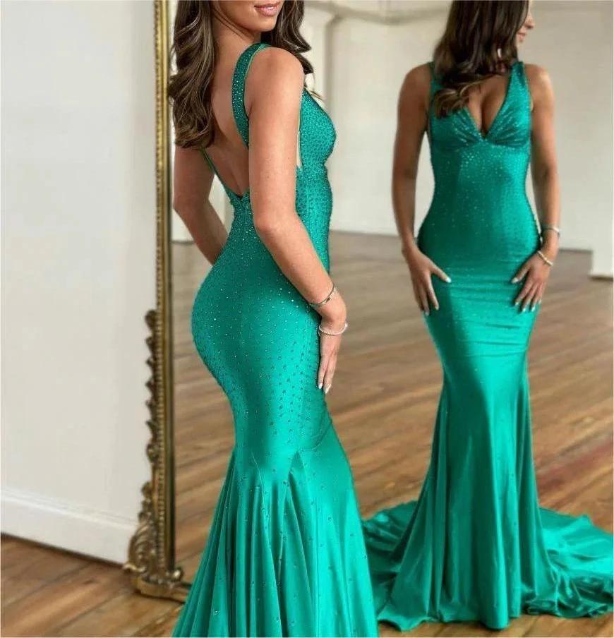 Molly |Mermaid Deep V-Neck Beaded Satin Long Prom Dress by KissProm