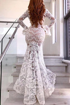 Mermaid Deep V Wedding Dress With Long Sleeve Sexy Lace Wedding Dress WD491 by pgmdress
