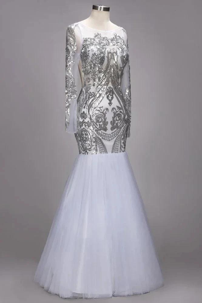 Mermaid Floor Length Long Sleeves Sequined Patterns Plus Size Tulle Prom Dresses by misshow.com