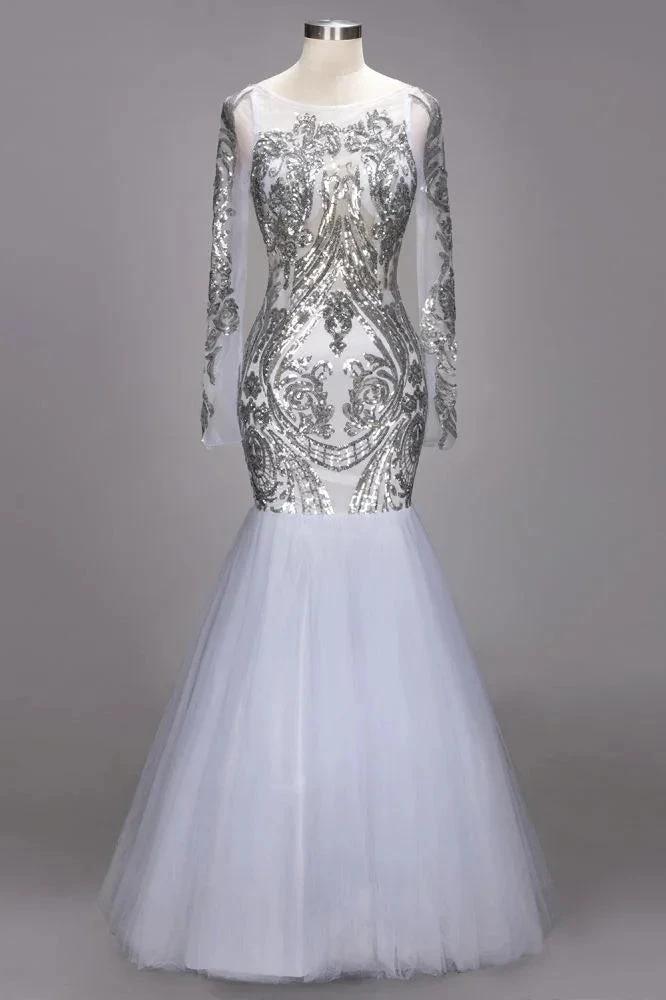 Mermaid Floor Length Long Sleeves Sequined Patterns Plus Size Tulle Prom Dresses by misshow.com