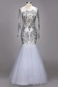 Mermaid Floor Length Long Sleeves Sequined Patterns Plus Size Tulle Prom Dresses by misshow.com