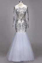 Mermaid Floor Length Long Sleeves Sequined Patterns Plus Size Tulle Prom Dresses by misshow.com