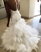 Mermaid Floral Appliques Ruffless Wedding Dress Sheer Tulle Backless Sleeveless Bridal Wears by misshow.com