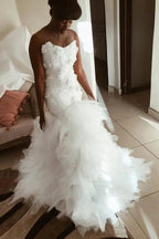 Mermaid Floral Appliques Ruffless Wedding Dress Sheer Tulle Backless Sleeveless Bridal Wears by misshow.com