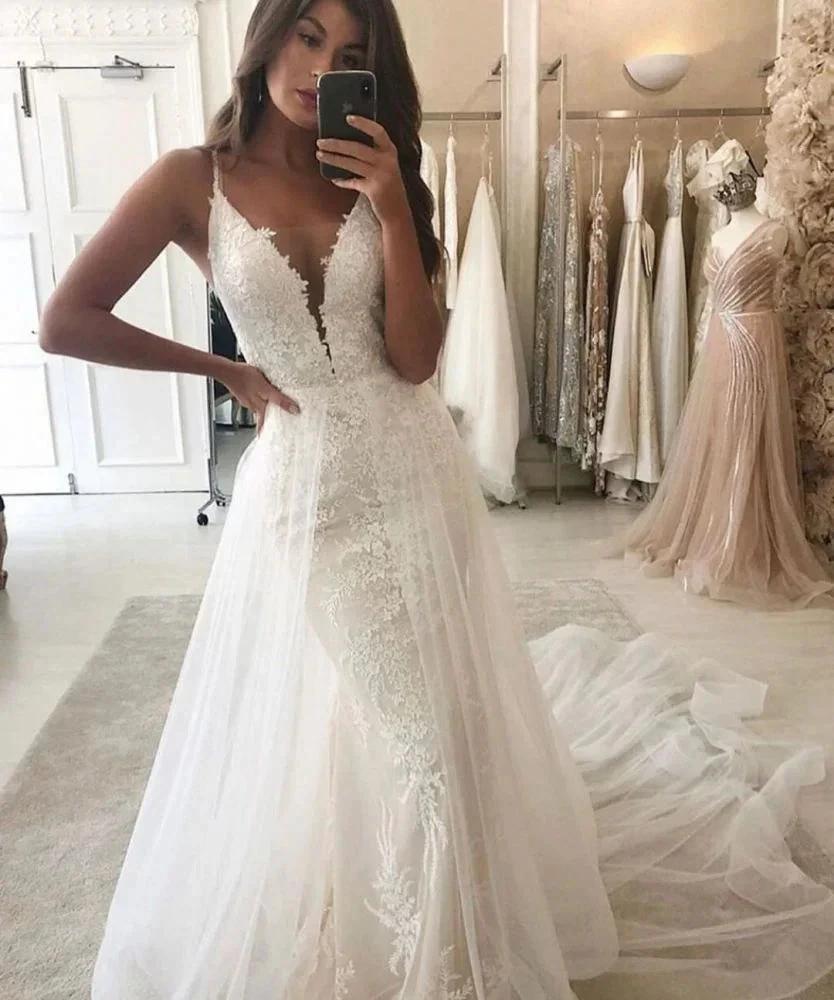 Mermaid Garden Bridal Gown Wedding Dress V-Neck Straps Detachable Train by misshow.com