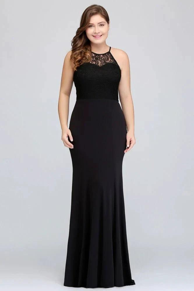 Mermaid Halter Floor Length Plus size Black Evening Dresses with Lace by misshow.com