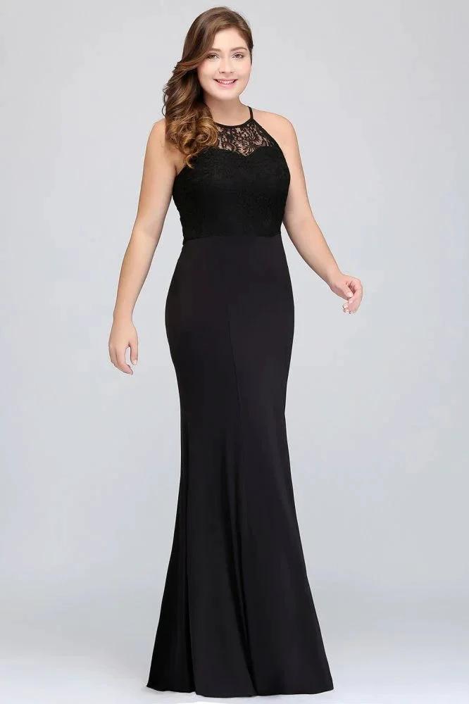 Mermaid Halter Floor Length Plus size Black Evening Dresses with Lace by misshow.com