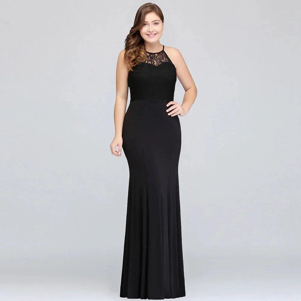 Mermaid Halter Floor Length Plus size Black Evening Dresses with Lace by misshow.com