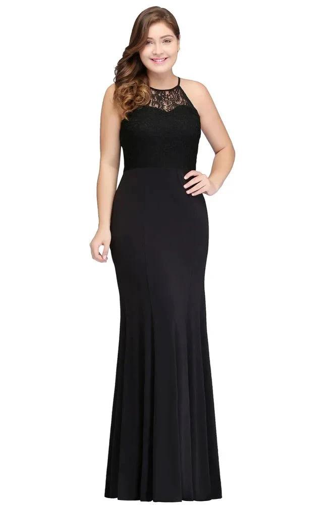 Mermaid Halter Floor Length Plus size Black Evening Dresses with Lace by misshow.com