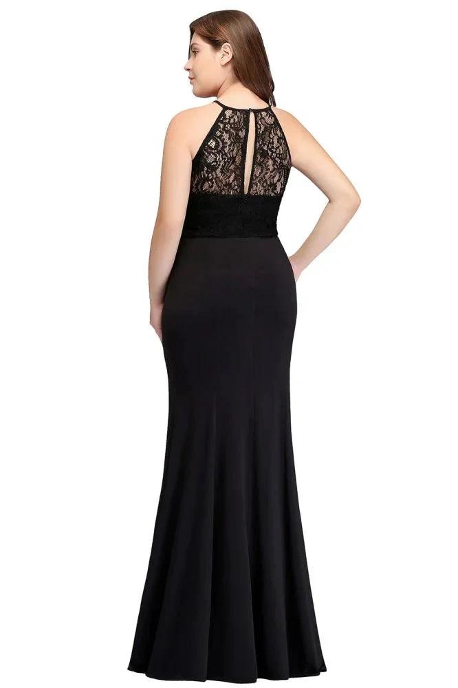 Mermaid Halter Floor Length Plus size Black Evening Dresses with Lace by misshow.com