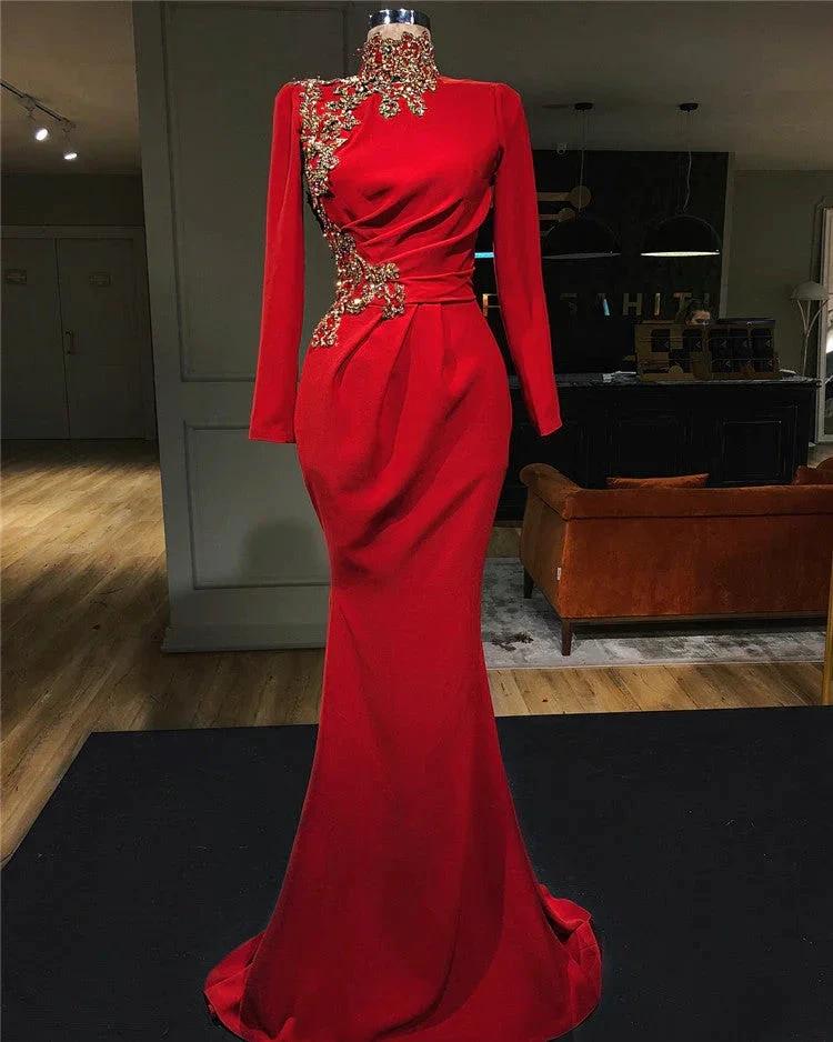 Mermaid High Neck Red Long Prom Dress with Sleeves by BIZTUNNEL