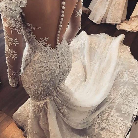 Mermaid Ivory Lace Sweep/Brush Train Scoop Long Sleeve Wedding Dress WD495 by pgmdress