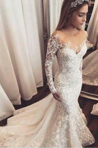 Mermaid Ivory Lace Sweep/Brush Train Scoop Long Sleeve Wedding Dress WD495 by pgmdress
