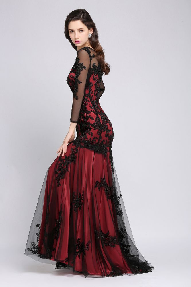 Mermaid Jewel Neck Long Tulle Red Sexy Evening Dresses with Beading